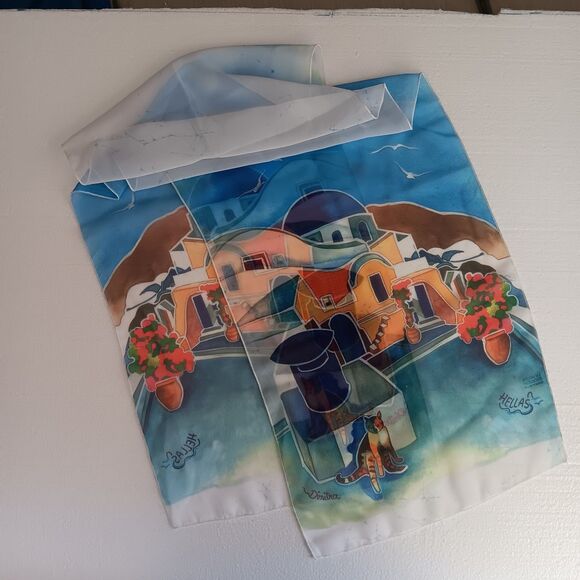 Ifasma Scarf Made In Greece Greek Village Kos Isles Cat Azure Design Rectangle - Picture 10 of 10